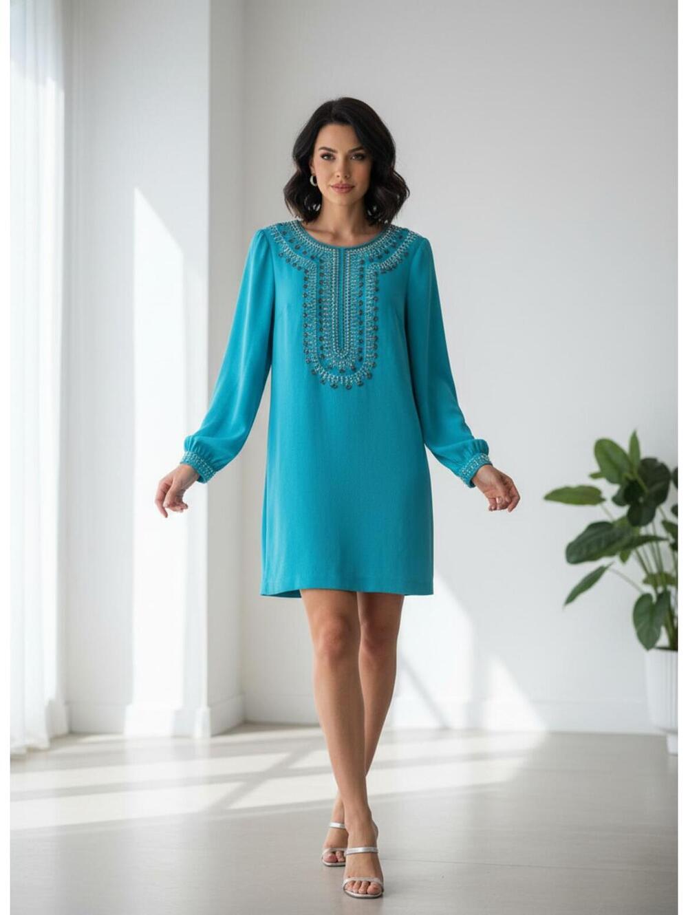Trina Turk Turquoise Embellished Long Sleeve Dress size 6